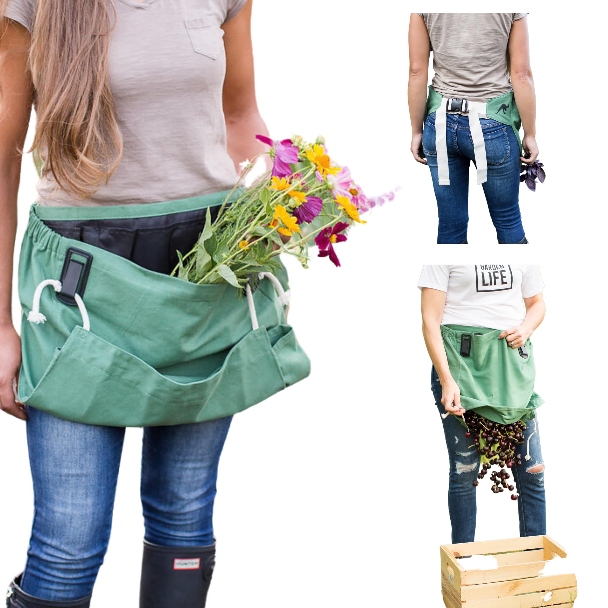 Roo Gardening Apron with Pockets and Harvesting Pouch - Adjustable, Ergonomic, Water-resistant, Washable Canvas Cotton, Leaf Green