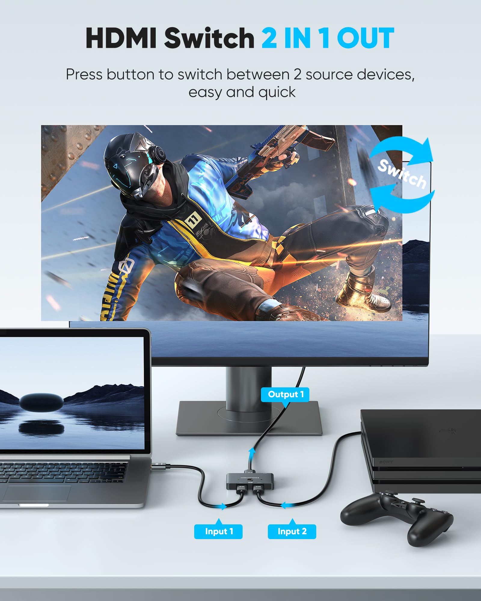HDMI 2.1 Switch 8K HDMI Splitter, Highwings [Upgrade, Bidirectional] 4K@120Hz HDMI Switcher 2 in 1 Out Supports 8K@60Hz, Aluminum HDMI Switch Selector for PS4/PS5 Xbox Roku Apple TV Fire Stick Sony TV