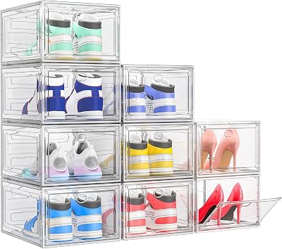 TidyTrove Shoe Storage Box 9 Pcs Clear Stackable Magnetic Door Organizer White