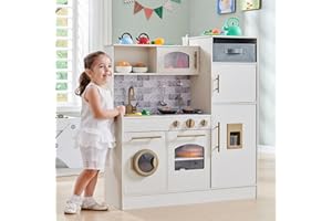 IFBUY Play Kitchen for Kids, Wooden Kids Kitchen Playset with Lights and Sounds, Kitchen Set for Toddler with Storage Box, Ice Maker, Oven and 11 Accessories for Boys and Girls Ages 3+ (Antique White)
