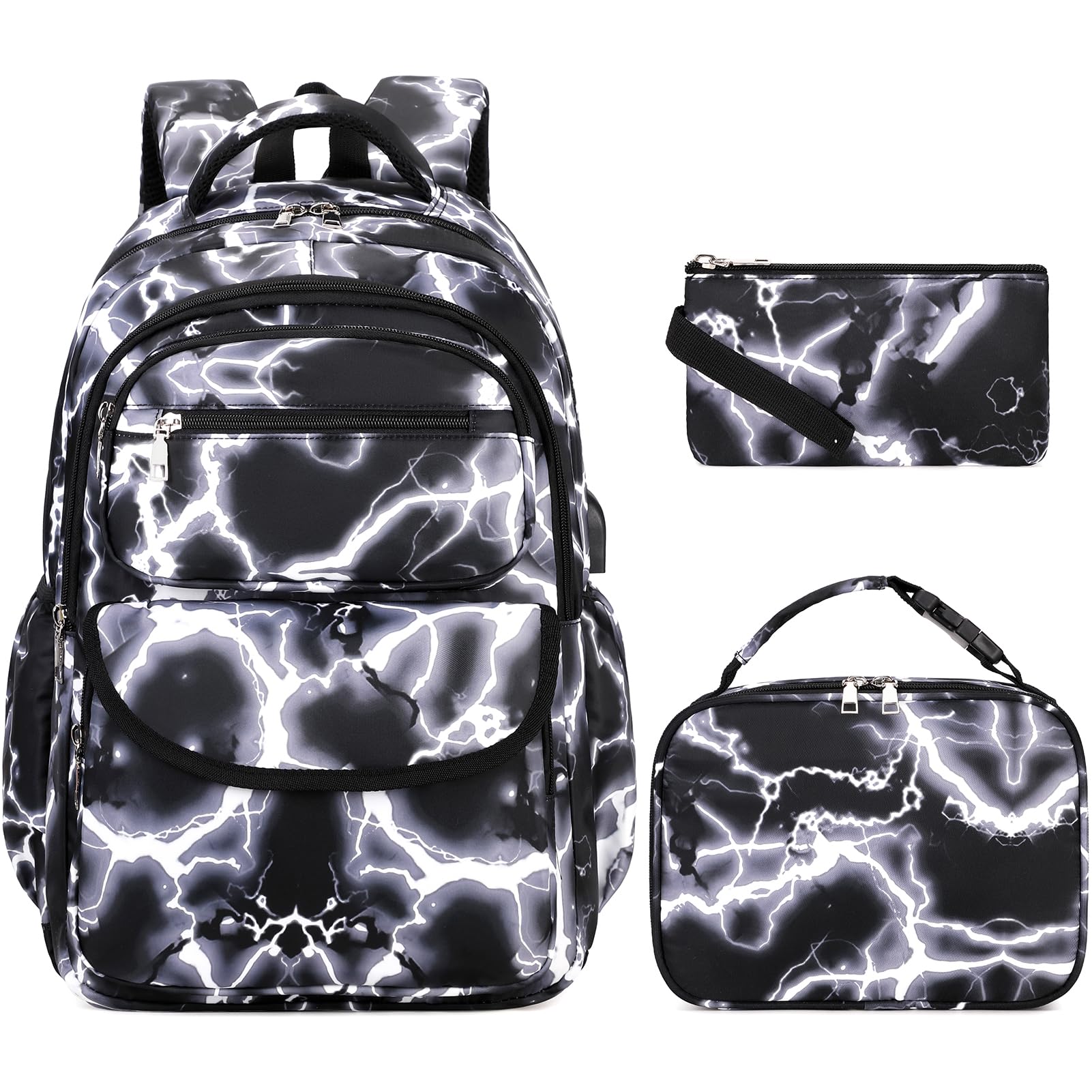 Photo 1 of Bevalsa Backpack for Boys, Lightning School Bags with Lunch Bag & Pen Case for Kids, Bookbag for Boys Girls Teens (Black)