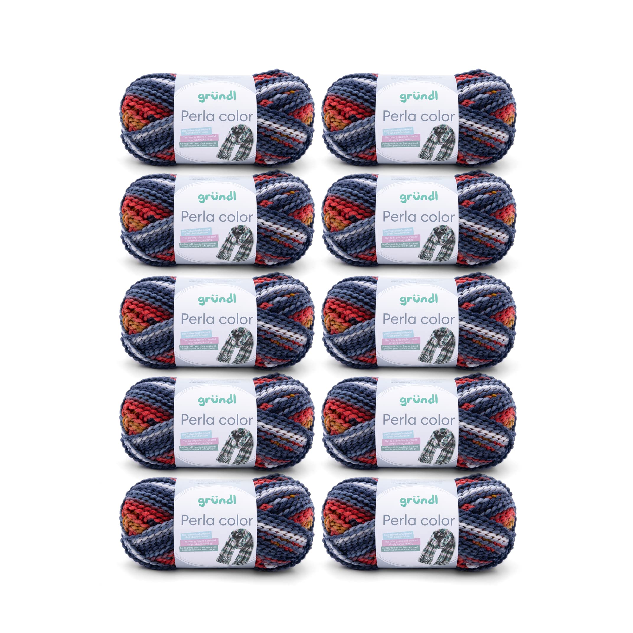 Gründl Wool Perla Colour (Wool-Like Hand Knitting Yarn Made from 100% Polyester, 100 g / 90 m, Needle Size: 8-9, 10 x 100 g), White-Basalt Blue-red-Curry