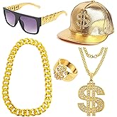 MOZAKA 80s 90s Hip Hop Costumes Outfit for Men Golden Chain Money Chain Dollar Sign Baseball Cap Punk Sunglasses Rapper Accessories.
