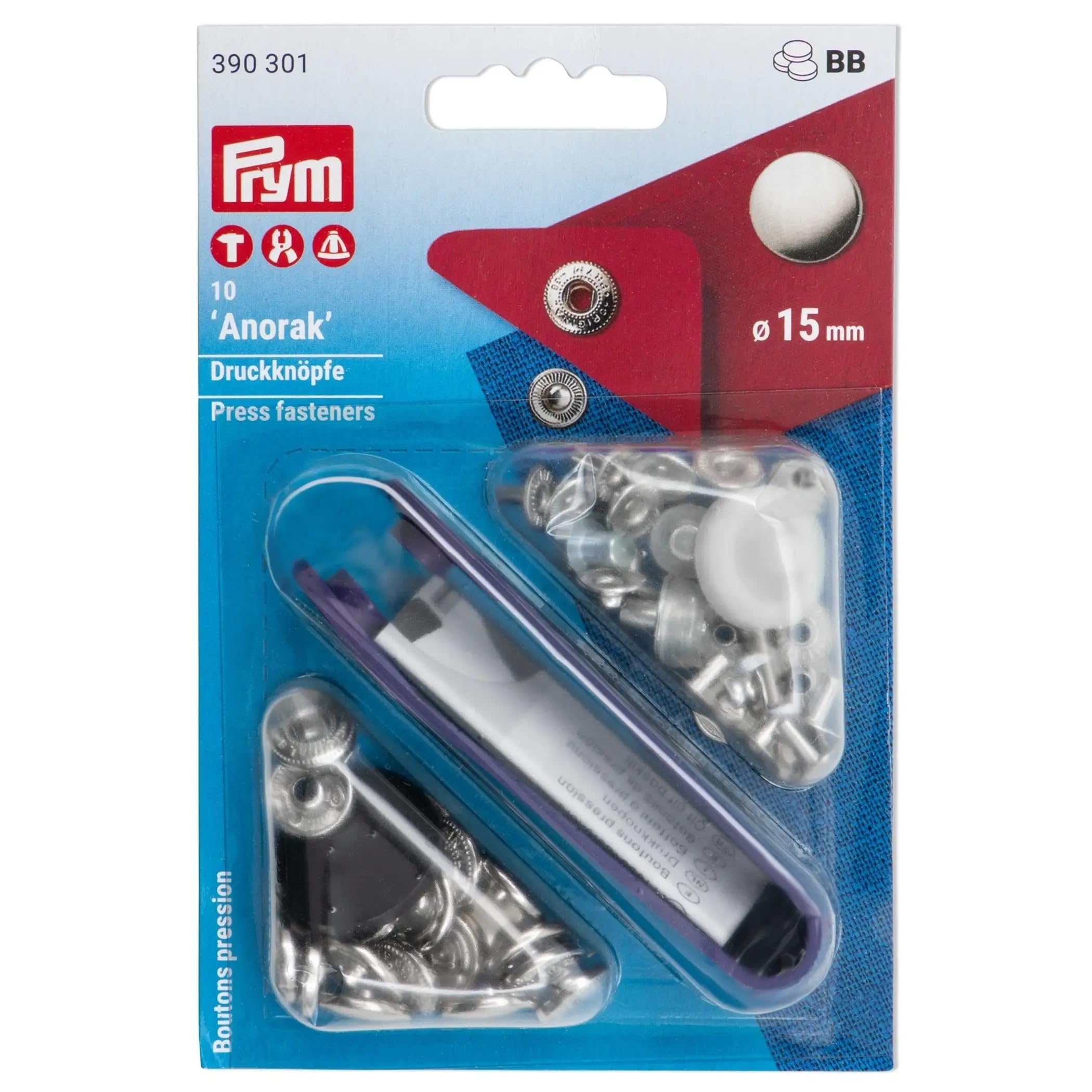Prym 15mm non-sew Arorak fasteners, Size 15mm, Pack of 10, Silver