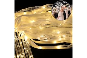 HUIZONHOME 100 Pcs Wedding Wands Ribbon with 3 Colorful Flashing Modes, Light up LED Silk Fairy Wands, Glow Lace Stick with Bells for Wedding Reception, Graduation, New Year, Birthday Party (Warm White)
