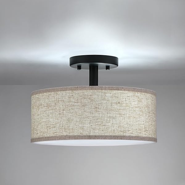 12 INCH DRUM GOLD SEMI FLUSH MOUNT CLOSE TO 3 LIGHT CEILING LIGHT FIXTURE,LINEN FABRIC SHADE FOR BEDROOM,LIVING ROOM,DINING ROOM HALLWAY