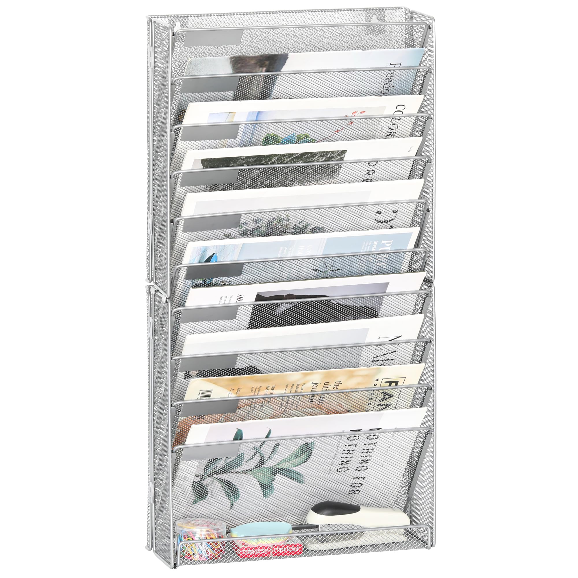 Photo 1 of EasyPAG Wall File Holder Organizer 11 Tier Mesh Hanging Wall Mounted Document Paper Folder Filing Magazine Rack with Nametag Label for Office Home School, Silver