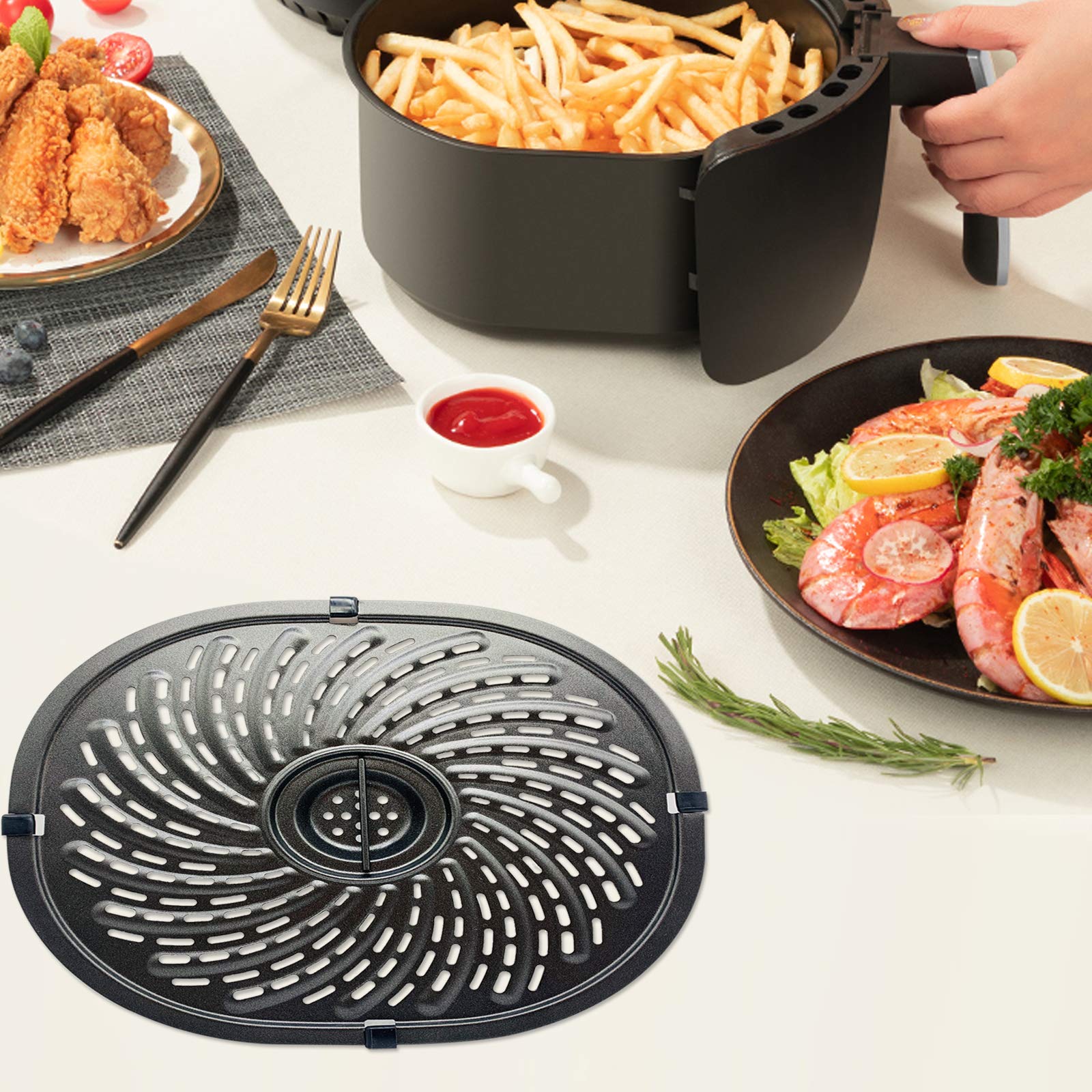 Air Fryer Grill Pan for Power XL Vortex 7QT Air Fryers, Oval Nonstick Air Fryer Replacement Parts Accessories Rack Tray Basket Crisper Grill Plate with Rubber Bumpers, Dishwasher Safe