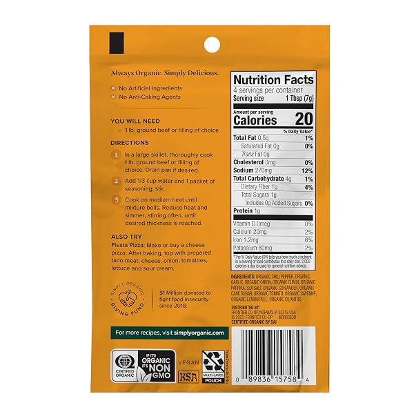 SIMPLY ORGANIC MILD TACO SEASONING MIX, GLUTEN FREE, CERTIFIED ORGANIC, KOSHER, VEGETARIAN, PURE FLAVOR FOR TACOS, STIR-FRIES, MEXICAN DISHES, AND MORE | 1 OUNCE (PACK OF 1)