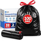 Reli. 39 Gallon Trash Bags, Drawstring | (100 Count) Large 39 Gallon Heavy Duty Drawstring Trash Bags | Garbage Bags, 39Gal Capacity, Lawn Leaf (39Gal, Black)