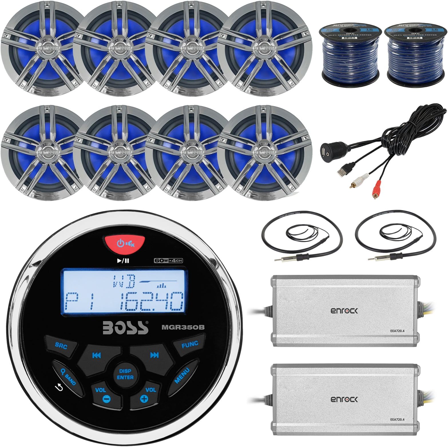 36' - 42' Boat System: Boss Bluetooth Receiver, 8 x 6.5 Water-Resistant Speakers (Charcoal), 2 x 4-Channel Amplifier, 100Ft Speaker Wire, 2 x Radio Antenna - 22", USB Aux Interface Mount