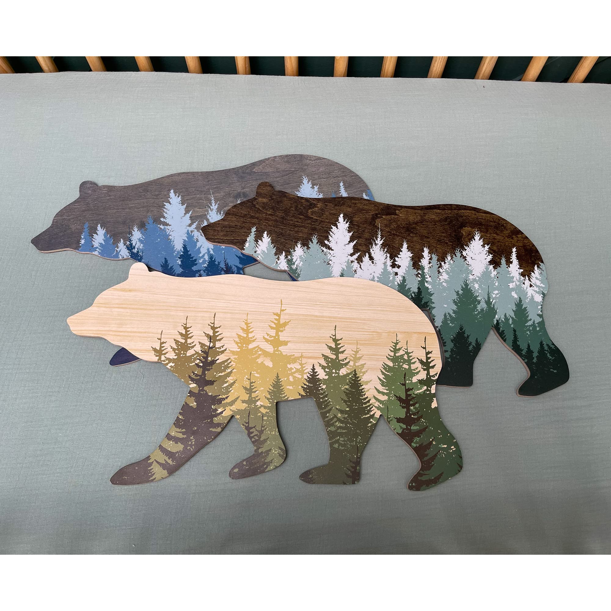 Forest Bear Wall Sign, Adventure Woodland Theme, Rustic Nursery Decor, Man Cave Home Bedroom Cabin Office House Art Decorations, Hickory Hollow Designs… (Dark Walnut/Green Pine Trees)