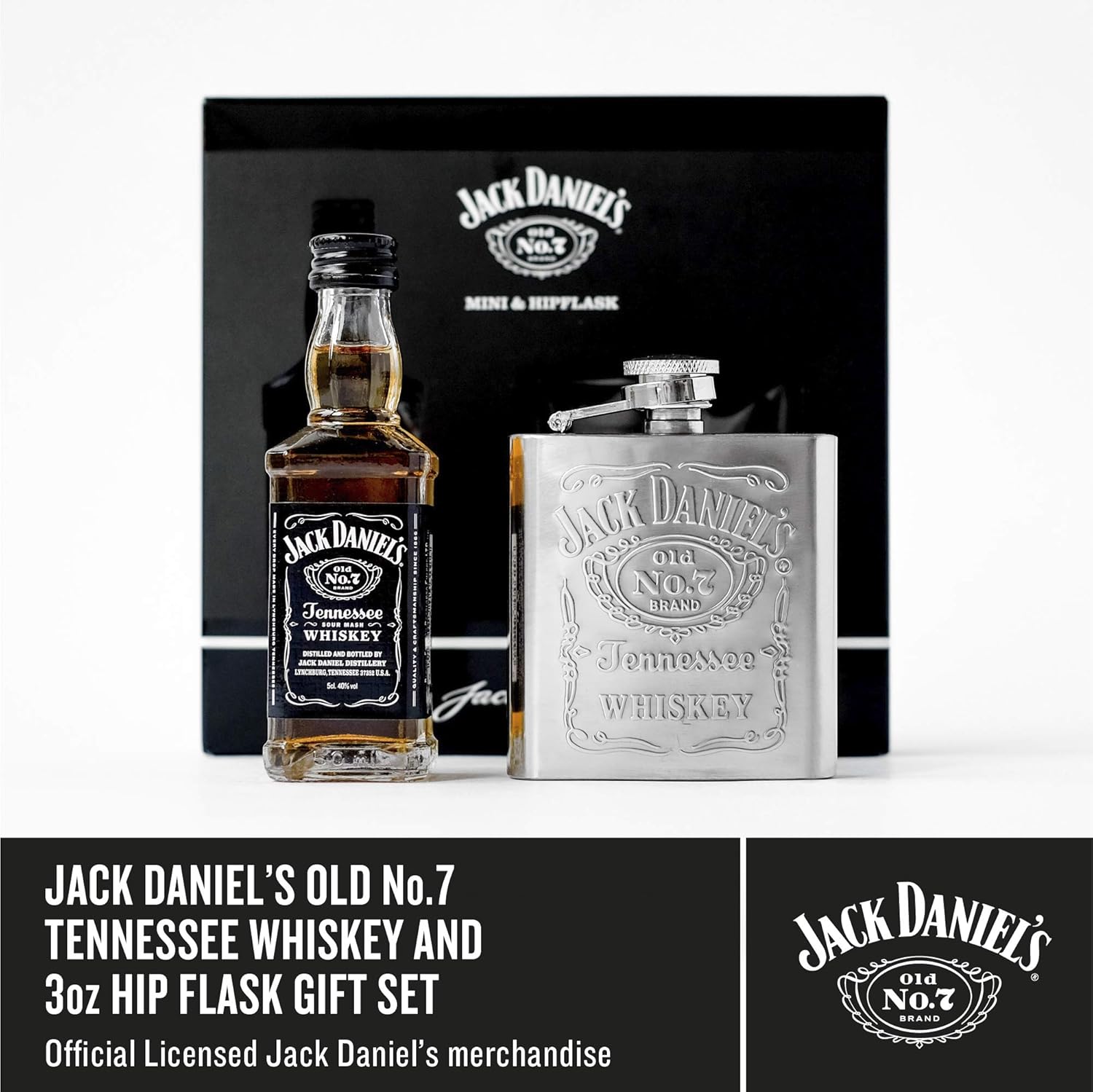 Jack Daniel's Whiskey 5cl Miniature and Hip Flask, Black - Image 3