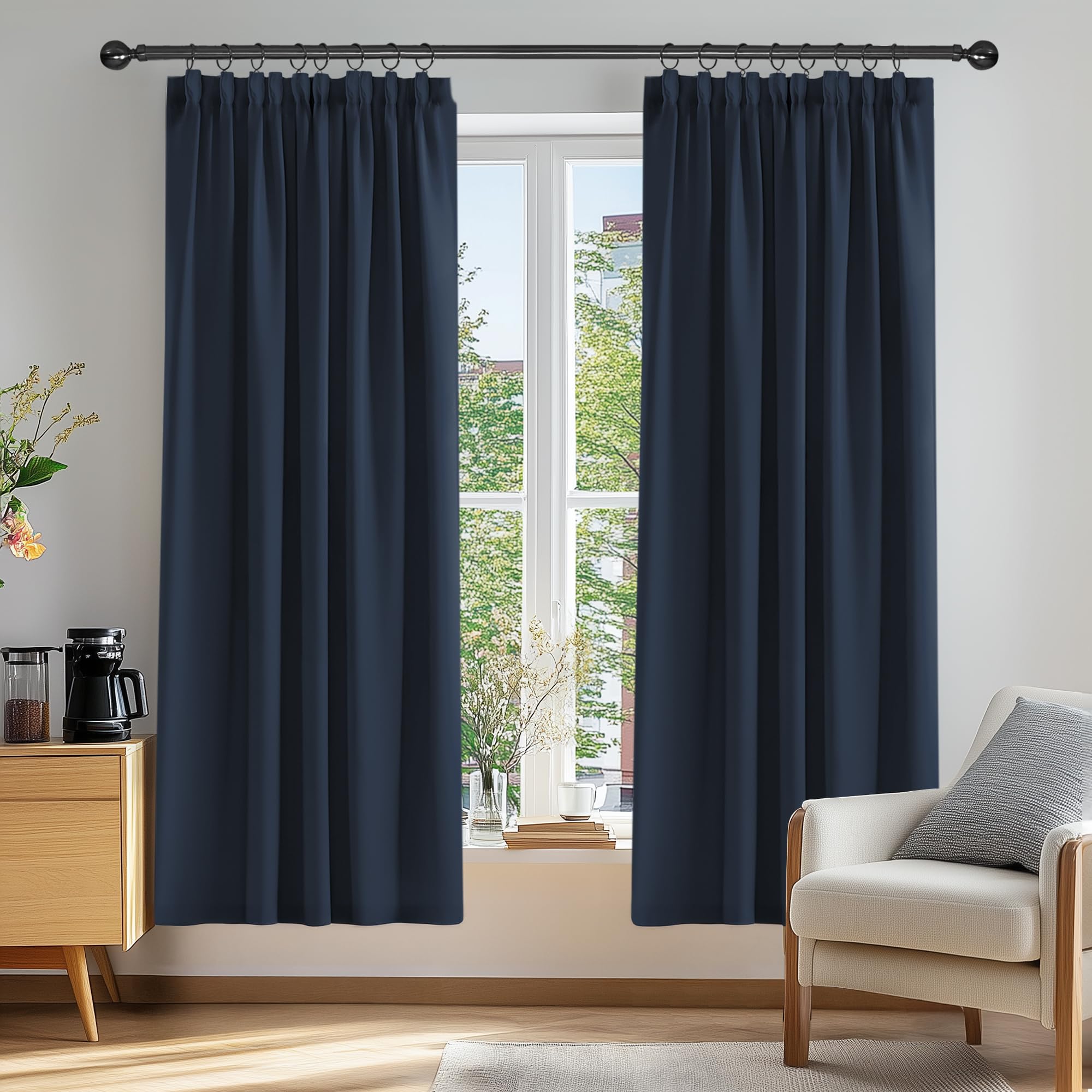 Deconovo Thermal Curtains Pencil Pleat for Bedroom, Thick Blackout Curtains, Heavy Blackout Curtains 66 x 84 Inch, Navy Blue, 2 Panels