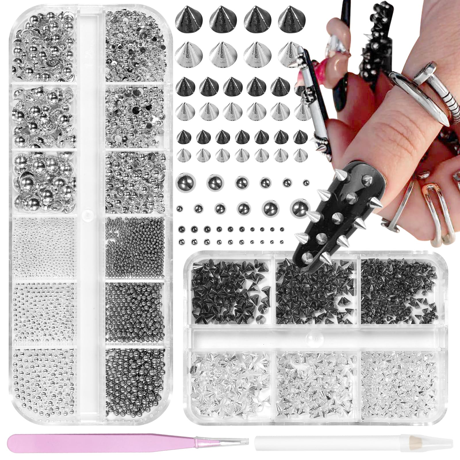 Photo 1 of 2 Boxes Spike Nail Charms 3D Mini Metal Punk Nail Art Studs, Mixed Sizes Black Silver Cone Spikes Nail Rivets Round Steel Ball, Goth Punk Half ABS Pearls for Nails DIY Accessories