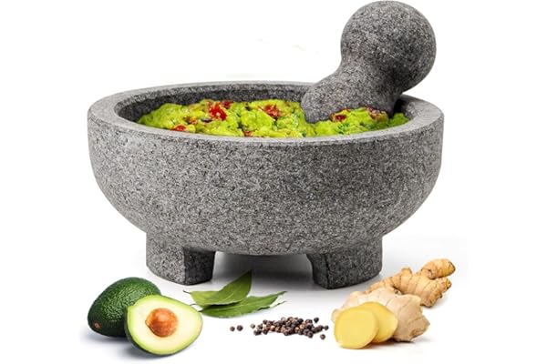 Luvan Large Mortar and Pestle Set 8 Inch Unpolished Granite Non-Slip Base Stone Grinder Molcajete Mexicano Bowl for Guacamole