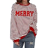 Christmas Striped Sweatshirts for Women Christmas Womens Merry Graphic Sequin Shirt Crewneck Long Sleeve Pullover Top