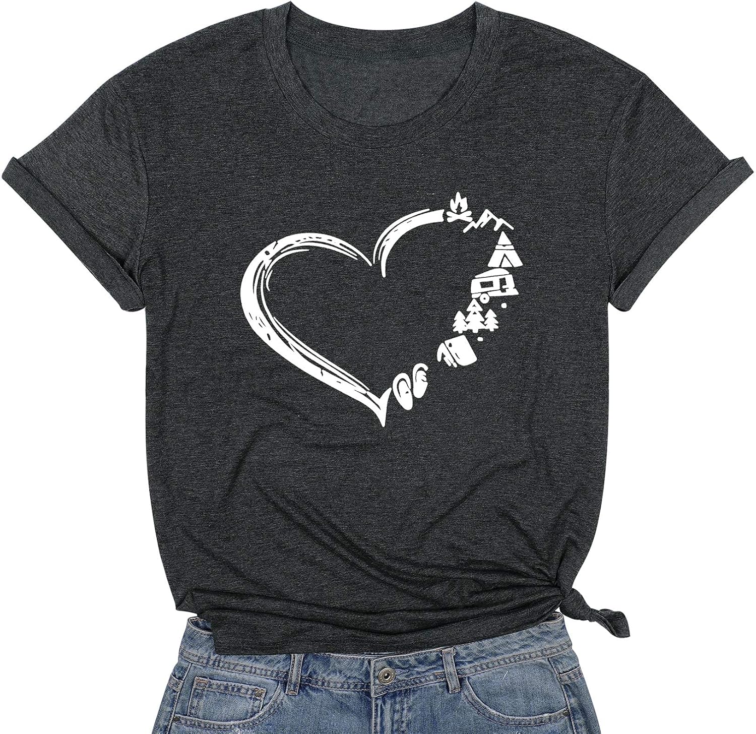 Women Camping TShirt Cute Heart Graphic T Shirts Casual Montain Hiking