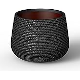 Kante 12.5" Dia Round Fluted Planter with Surface Indentations, Large Flower Pot with Drainage Hole for Indoor & Outdoor Plants, Black Finish with Painted Interior
