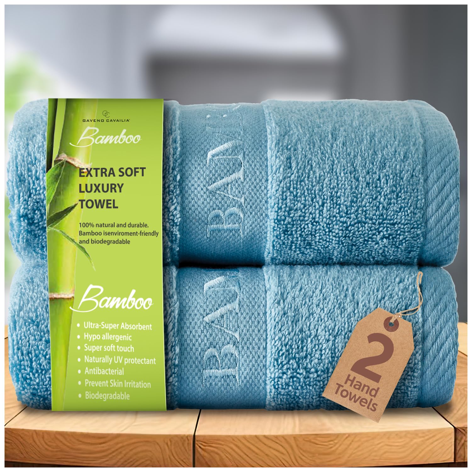 GC GAVENO CAVAILIA Bamboo Hand Towels 2 Pack - 500 gsm Highly Absorbent Towels For Bathroom (50x80 Cm) - 60% Bamboo, 40% Cotton Towels Bale Extra Soft - Blue