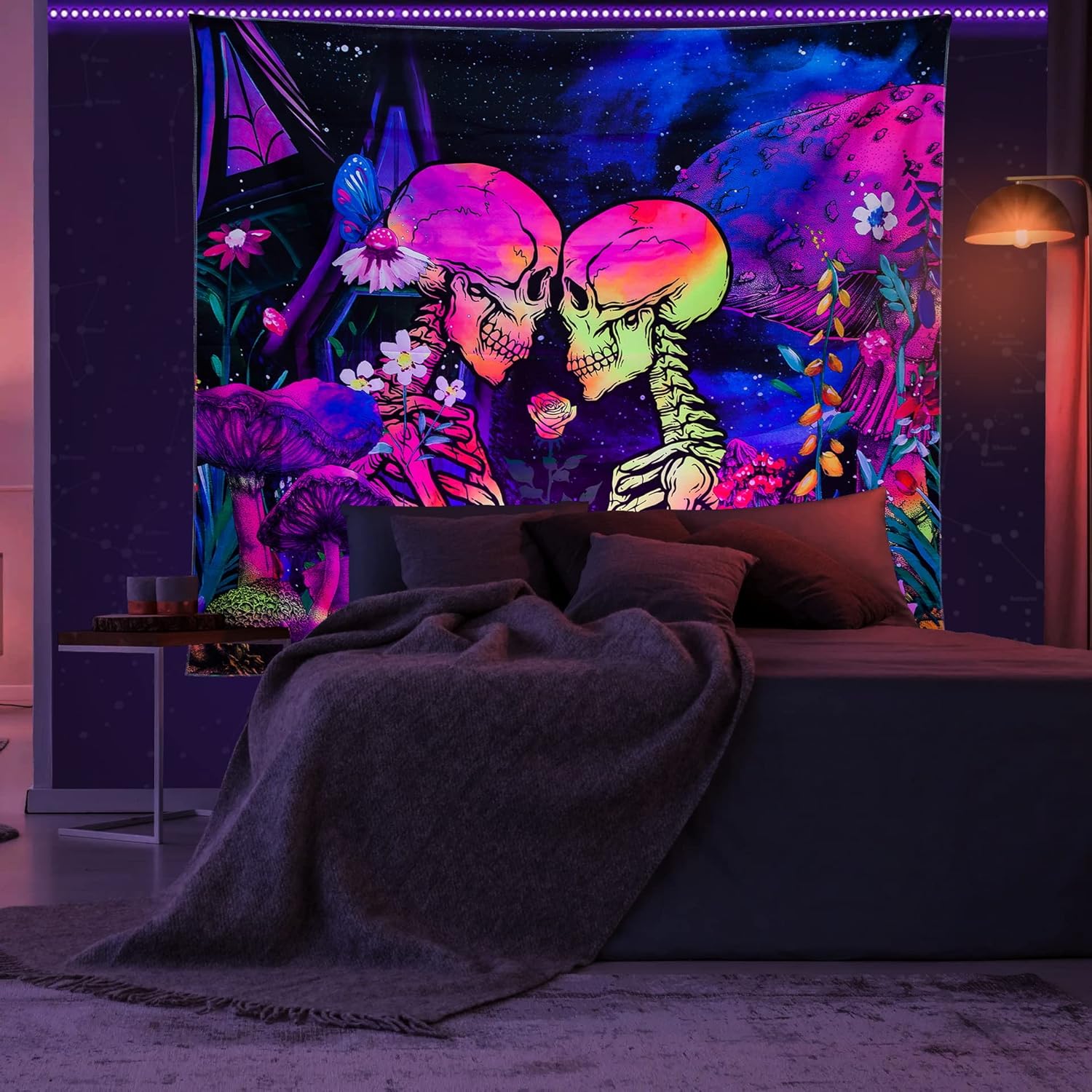 Tapestries - XDCYSJ Skull Blacklight Tapestry for Bedroom Aesthetic,Rich Colors With Mushrooms and Skull Kisses Look so Tapestry for Bedroom Aesthetic,Room, Dorm Living Room Decor，51 * 59in