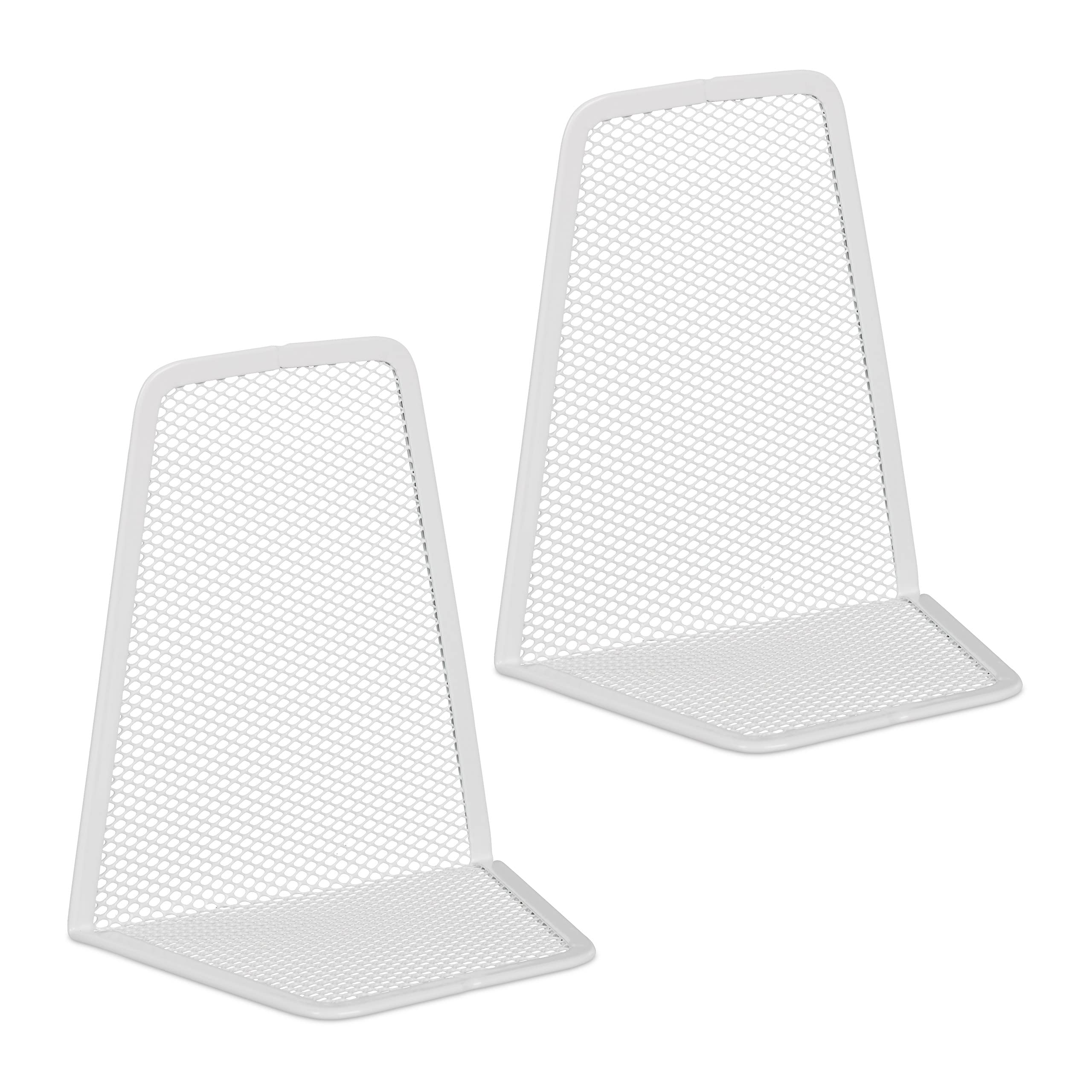 Relaxdays Set of 2 Bookends, Modern Mesh Design, for Books and Folders, Bookshelf Dividers, 14 x 12 x 9 cm, Metal, White, Steel