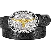 JKEEMI Western Cowboy Belt for Men Women, Country Longhorn-Bull Horse Buckle Embossed Leather Belt for Jeans Gift