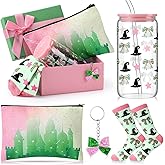 Boao 5 Pcs Pink and Green Gift Set with Glass Cup Socks Cosmetic Bag Keychain Box Witch Stuff Pink and Green Themed Birthday Party Supplies for Castle Fantasy Princess Witch Gifts