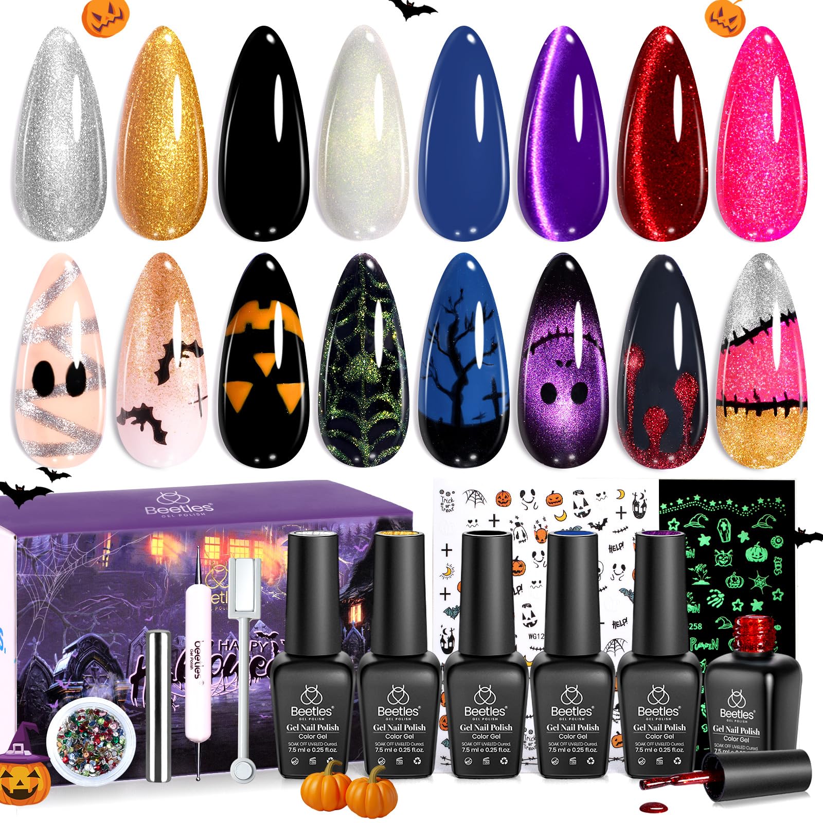 Beetles Halloween Gel Nail Polish Set – Wicked Mystic 8 Colors Gel Polish Kit, Gold Silver Black Green Blue Cat Eye Purple Red Glitter with Nail Art Accessories UV LED Soak Off Manicure Gift for Women Image Beetles Halloween Gel Nail Polish Set – Wicked Mystic 8 Colors Gel Polish Kit, Gold Silver Black Green Blue Cat Eye Purple Red Glitter with Nail Art Accessories UV LED Soak Off Manicure Gift for Women Image