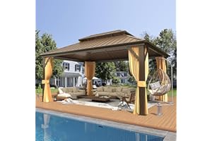 EROMMY 12' x 16' Hardtop Gazebo, Galvanized Steel Double Roof Gazebo with Aluminum Frame, Permanent Outdoor Metal Pavilion with Curtain and Netting for Patio, Lawn and Garden