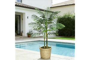 Artificial Golden Cane Palm 4ft – Realistic Faux Tropical Palm Tree in Pot with Real Bark Design, Lush Maintenance-Free Indoo