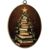 CUANFDDSF Vintage Christmas Book Tree Oval Wall Art Decor 8.6x11.4 Inch | Book Lover Wall Hanging Decor, Gold Star Christmas Tree Bookish Framed Canvas Prints for Home Library Reading Room Bedroom