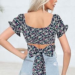 COOUFE Women's Crop Tops Ruffle Short Sleeve Tie