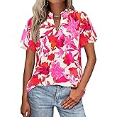 MASCOMODA Boho Short Sleeve Floral Work Blouses for Women Dressy Casual V Neck Puff Sleeve Loose Chiffon Flowy Tops Shirts