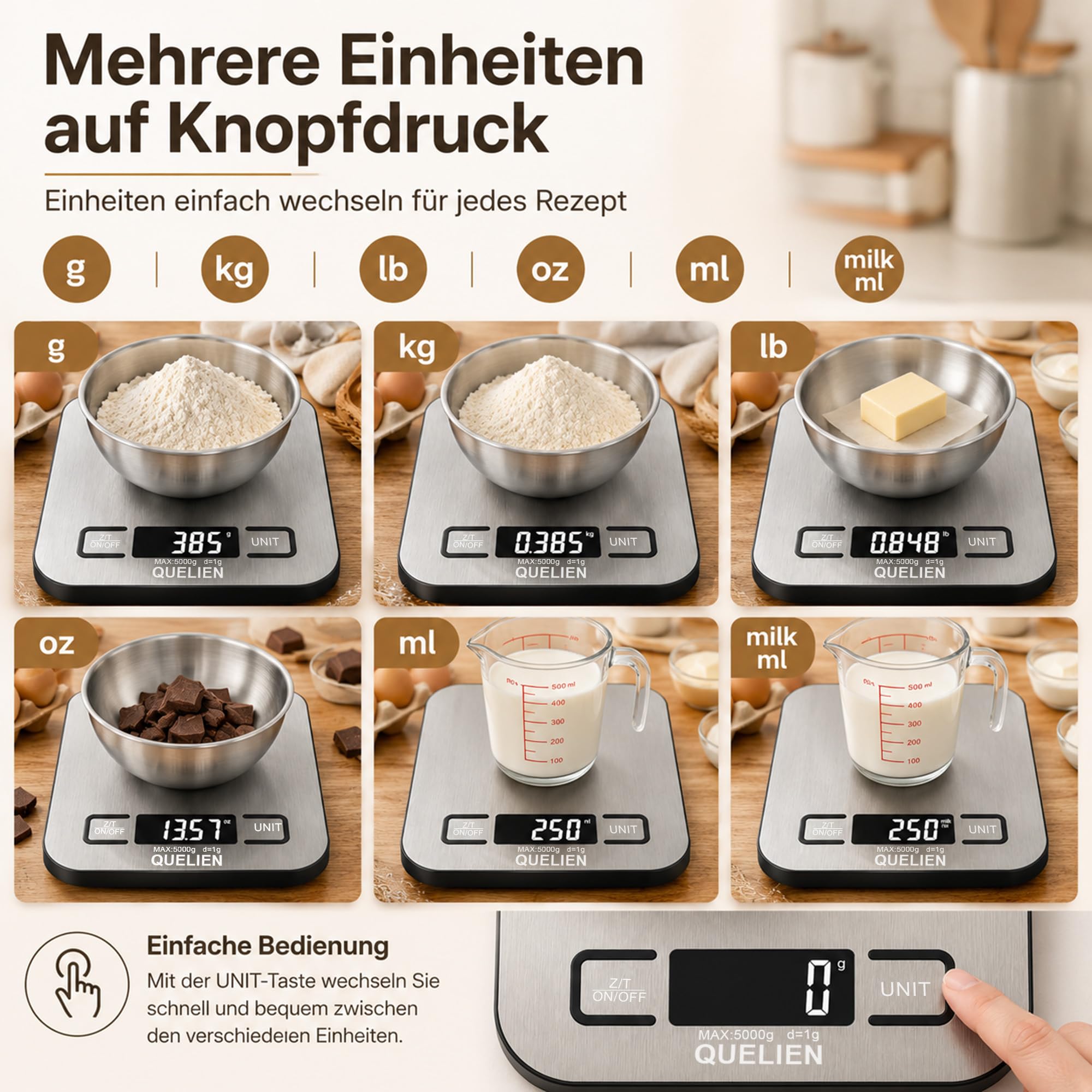 Digitale Küchenwaage Aus Edelstahl, USB-Aufladbar, 5 kg/1 g Präzision, 6 Einheiten, Tara-Funktion, LCD-Display – Ideal Für Kochen, Backen Und Große Mengen 2