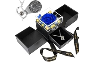 FOCIE Preserved Blue Real Rose with I Love You Necklace -Eternal Flowers Rose Gifts for Mom Grandma Wife Girlfriend on Mothers Day Valentines Day Gifts for Her Christmas Birthday Anniversary