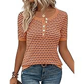 Kistore Womens Short Sleeve Sweater Spring Summer Tops Dressy Casual Lightweight Crewneck Pullover Henley Blouses