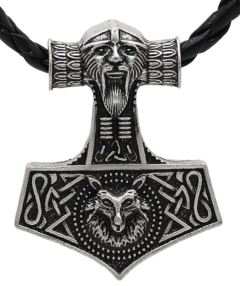Antik Silber Leder skandinavischen Odin Wolf Thor Hammer Knoten Halskette Raven Mjölnir Anhänger Halskette Damen Herren nordi