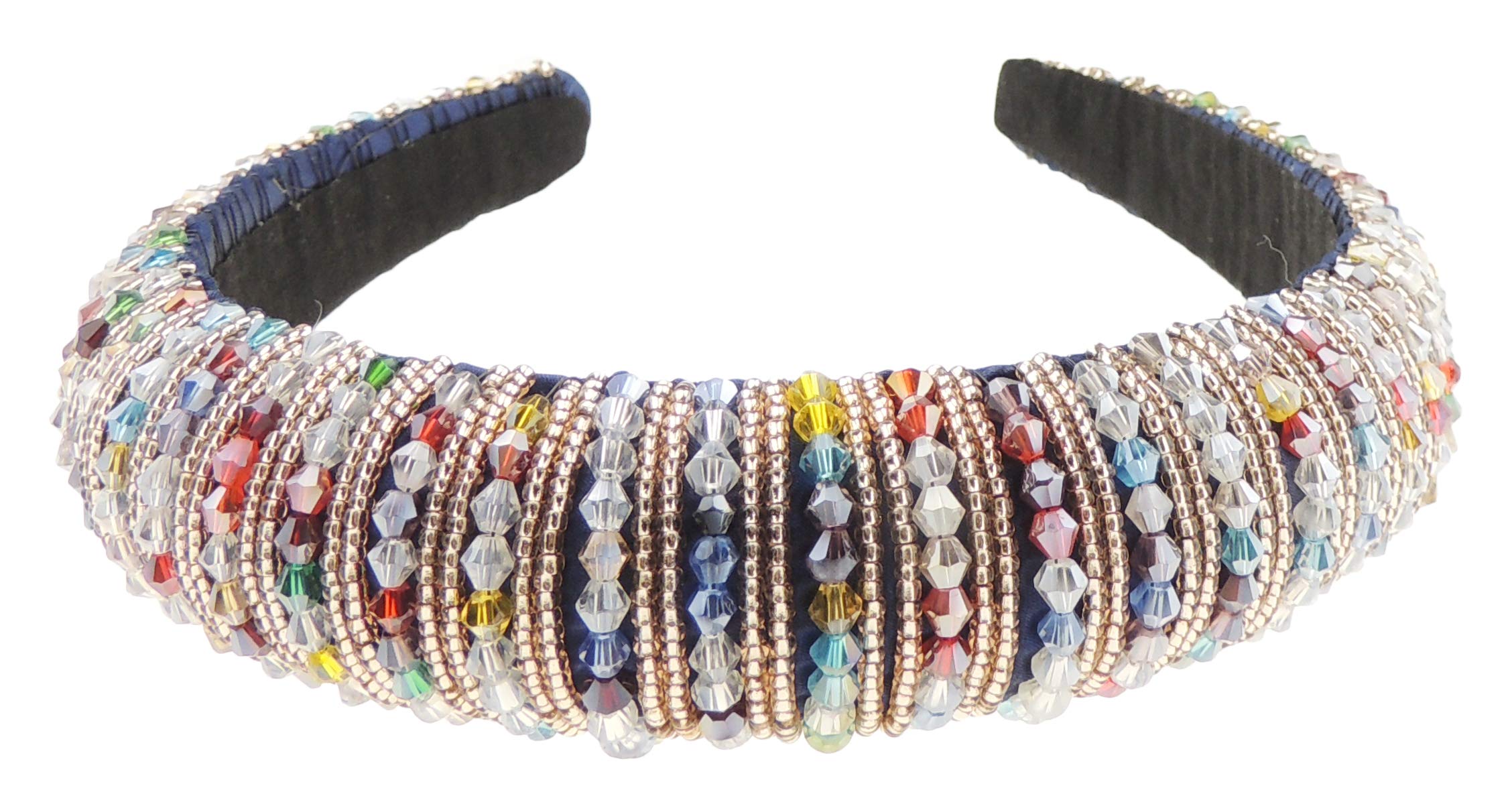 Womens Sparkly Beaded Rhinestone Embellished Jeweled Crystal Wide Bump Thick Padded Evening Formal Occasion Christmas Birthday Wedding Bridal Party Headband Hair Alice Band Hairband (Gold Multi)