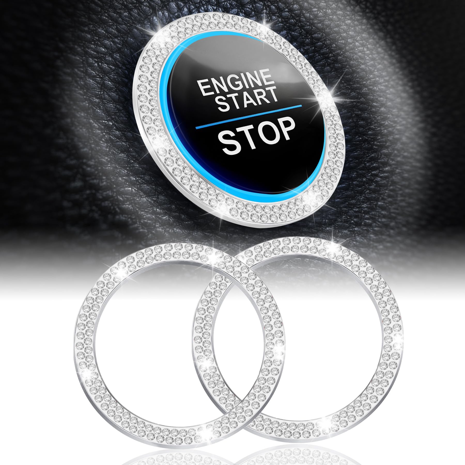 Photo 1 of LivTee 2 PCS Crystal Double Rhinestone Car Engine Start Stop Decoration Ring, Bling Car Interior Accessories for Women, Push to Start Button Cover Sticker, Automotive Decals, White