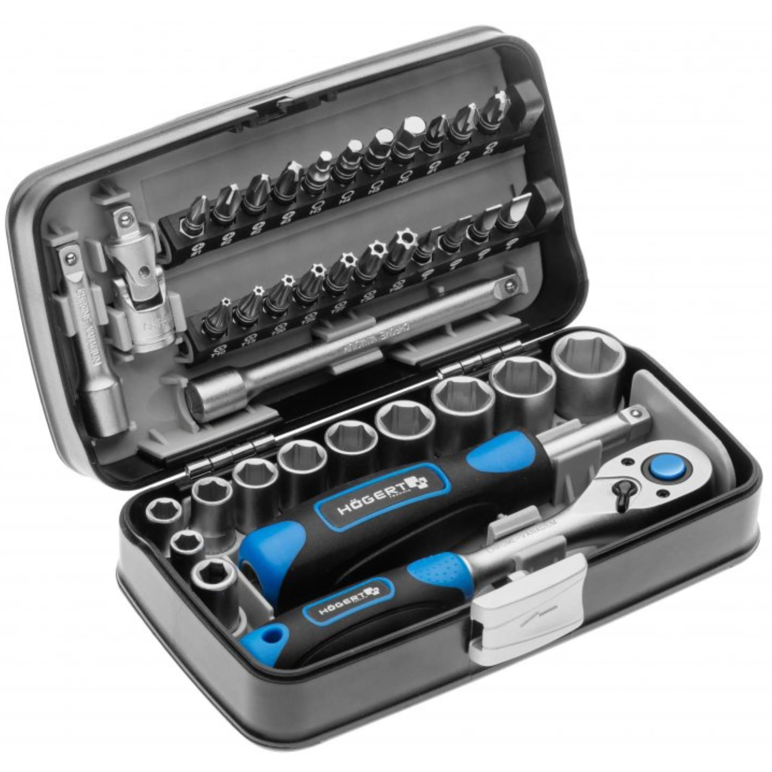 Högert Technik - 38-Piece Tool Set in Case, Socket Set with Ratchet, Bit Set 1/4 Inch, Compact Portable Tool Kit for DIY, Home, Garage and Workshop