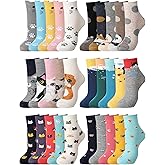 Fourluoo 30 Pair Women Socks Funny Animal Crew Sock Cute Cat Dog Socks Cotton Novelty Ankle Sock Bulk for Women Gift