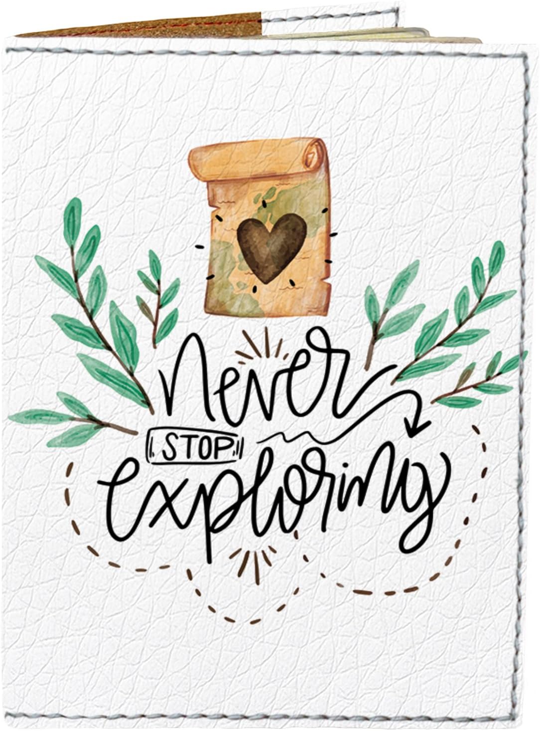 Passport Cover - Holder for Men Women Kids - Designer Vegan Leather Travel Case (Never Stop Exploring)
