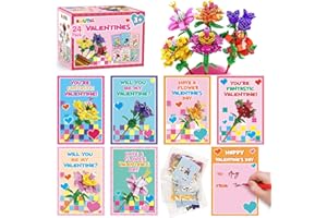 KMUYSL Valentines Day Cards for Kids,24 Packs Flower Building Blocks Toys with Classroom Valentines Cards,Valentines Card Set for Valentines Day Gifts for Kids, School Class Exchange Prizes