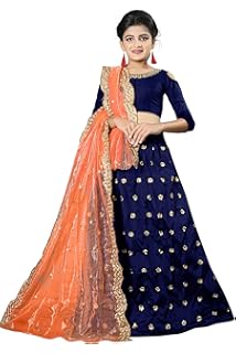 Femisha Creation Girl's Taffeta Silk Semi-Stitched Lehenga Choli (Rim Blue, 8-12 Years)