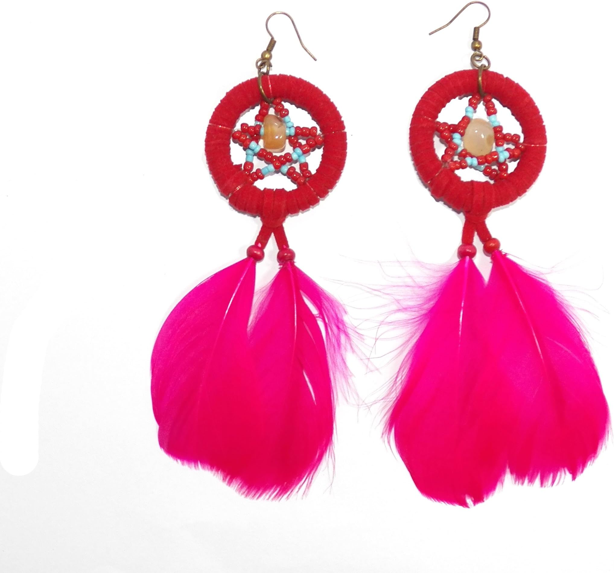 Red Dream Catcher Star Earrings Handmade Dangle Earrings Suede Leather Feather Natural (DCE10001)