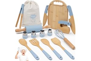 BITICOLOR Wooden Kids Cooking Set Montessori Kit - Real Toddler Kitchen Tools & Baking Utensils - 15PCS Cooking Kit for Kids with Storage Bag, Great Gift for Pretend Play & Montessori Learning (Blue)