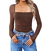 Avidlove Women's Square Neck Mesh Long Sleeve Bodysuit Shirts Ruched Body Suit Sexy Sheer Tops Date Night Outfit