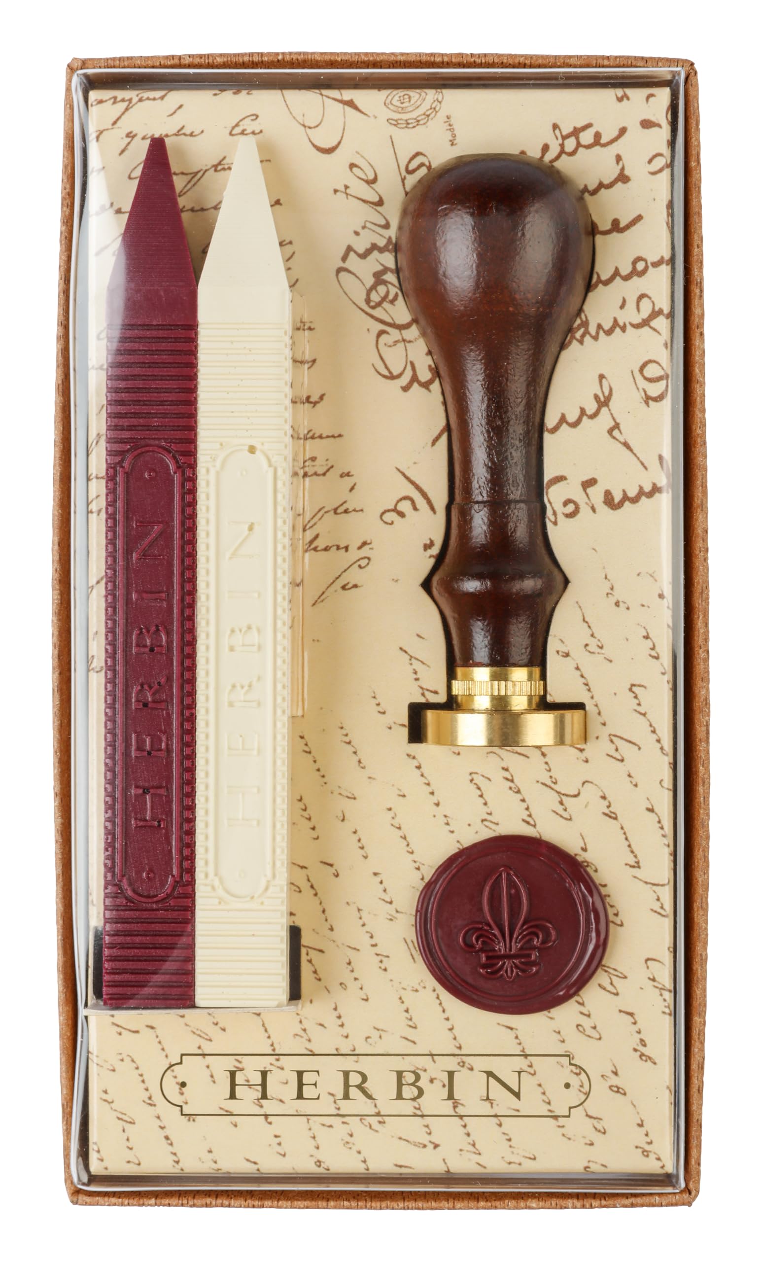 Jacques Herbin 46001T - A Traditional Wax Stamping Set Including 2 Wax Sticks - Red and Ivory Colour - A Varnished Wooden Handle and One Seal - Lily Symbol