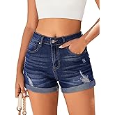 Bosmeer Women's Mid-High Rise Ripped Denim Shorts Stretchy Distressed Jean Shorts with Pockets Folded Hem Casual Summer Jorts